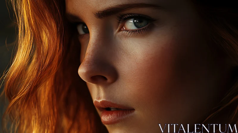 High-resolution side portrait of red-haired woman in warm light.