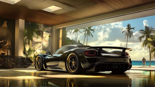 Sleek black supercar rests in a sunlit luxury beach garage