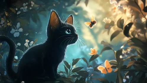 Black Cat with Luminescent Eyes Among Ethereal Flowers and Butterflies