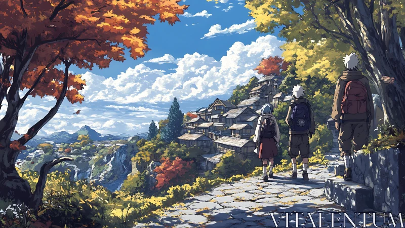 Three young travelers wander toward a sunlit cliff village