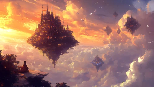 Floating castle city over clouds at vivid sunset sky.