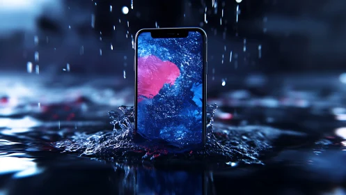 Smartphone stands upright in dark reflective water splash.