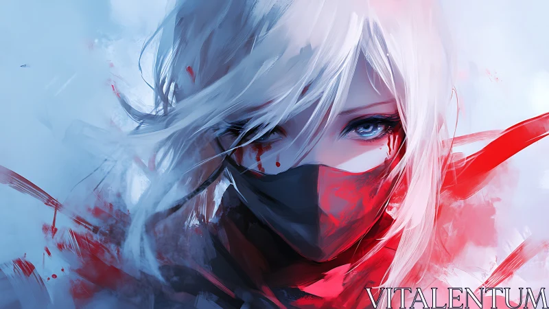 Masked white-haired warrior with blood-red accents gazes forward.
