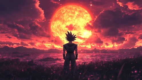 Backlit warrior silhouette studies colossal sun under crimson sky