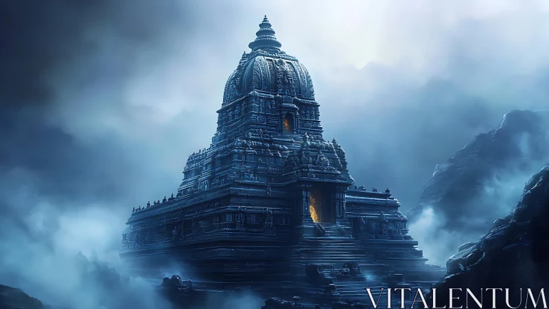 Monolithic stone mountain temple with illuminated inner sanctum