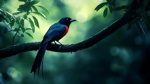 Elegant tropical bird with vibrant plumage on branch, digital art.