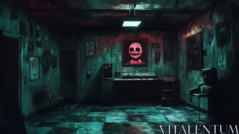 Derelict office interior shows eerie pink smiling portrait