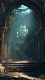 Sunlit ruins inside vaulted stone cathedral hall.