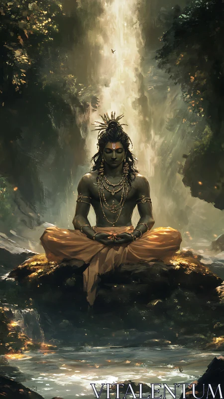 Serene forest deity meditates beneath a roaring waterfall.