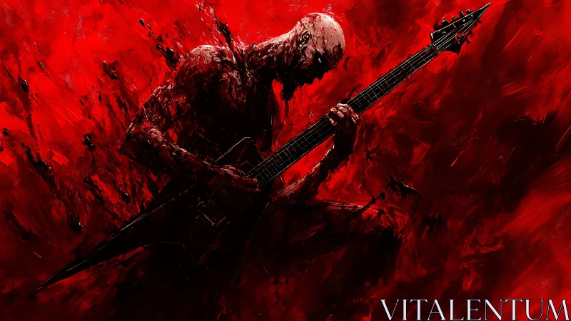 Fierce guitar player rises from swirling red chaos and fire