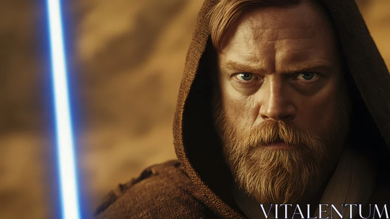 Bearded space wanderer with glowing blue energy blade.