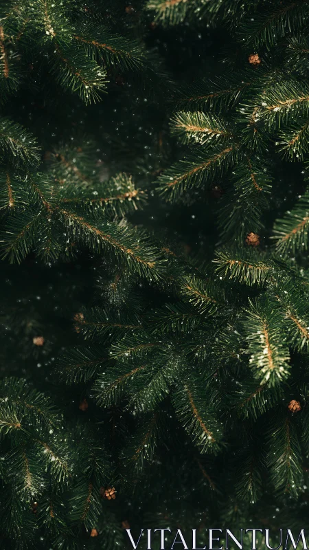 Close view of evergreen conifer branches with light snow.