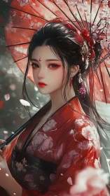 Woman in red kimono stands under parasol with blossoms
