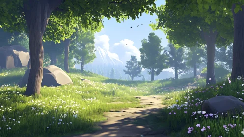 Enchanted Forest Path with Mountain View.