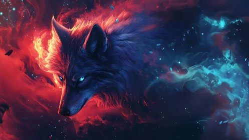 Nebula wolf drifts through cosmic embers and electric dusk.