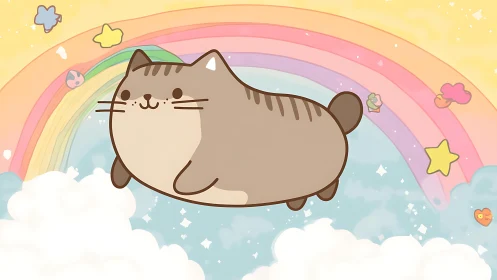 Chubby Brown Cat Floating Through Rainbow Cloud Sky.