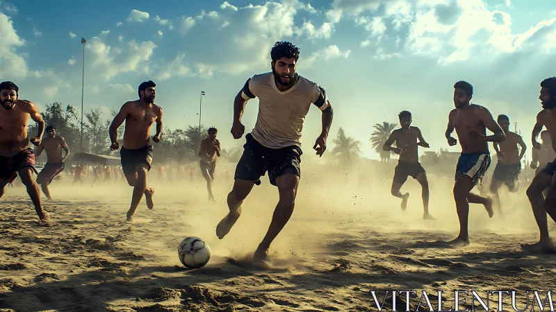 Intense sandy soccer match with players in active motion.