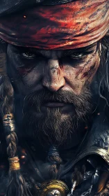 Battle-scarred pirate captain glares with intense resolve