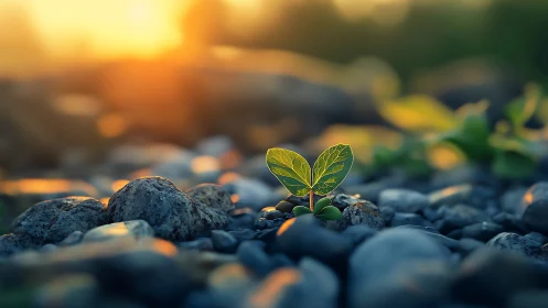 Sunlit sprout defying stones in a soft golden dawn glow.
