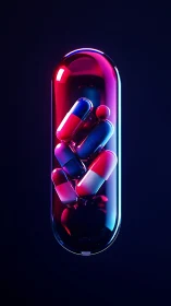 Glowing capsule of colorful pills shines in neon night space