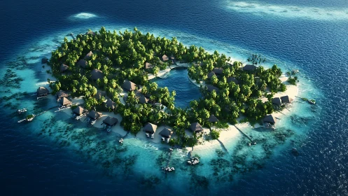 Aerial View of Tropical Island Resort with Overwater Bungalows and Lagoon