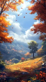 Autumn valley breathes light as cloud windows frame wandering birds