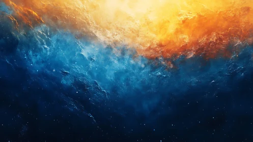 Dreamy cosmic sky where golden light meets deep ocean blue.