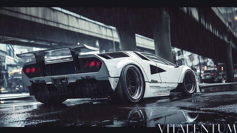 Storm-chasing street supercar idles under neon rain clouds.