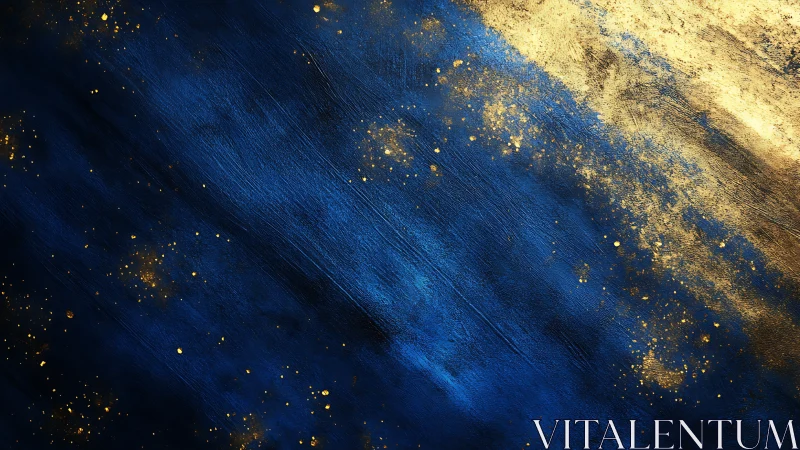 Diagonal cobalt field with metallic gold splatter and textured grain