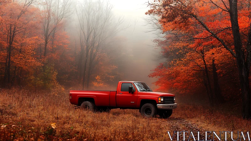 Red pickup truck contrasts against foggy autumn woodland edge