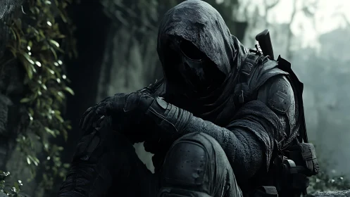 Hooded tactical soldier rests in misty war-torn ruins.