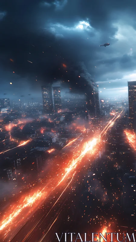Futuristic metropolis burns under storm driven orbital strike.