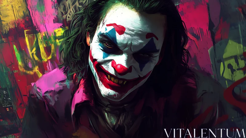 Brooding clown leans forward amid bold neon graffiti walls