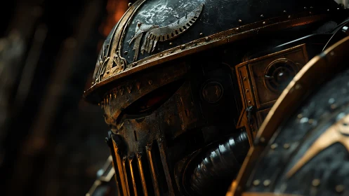 Armored sci fi warrior helmet rendered in detailed closeup