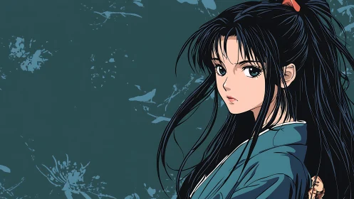 Dark-haired anime heroine gazes back in muted teal aura