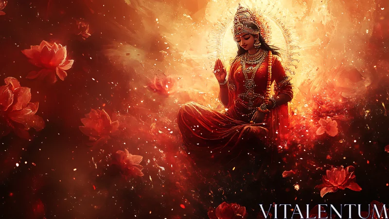 Digital rendering shows seated robed figure amid red lotuses