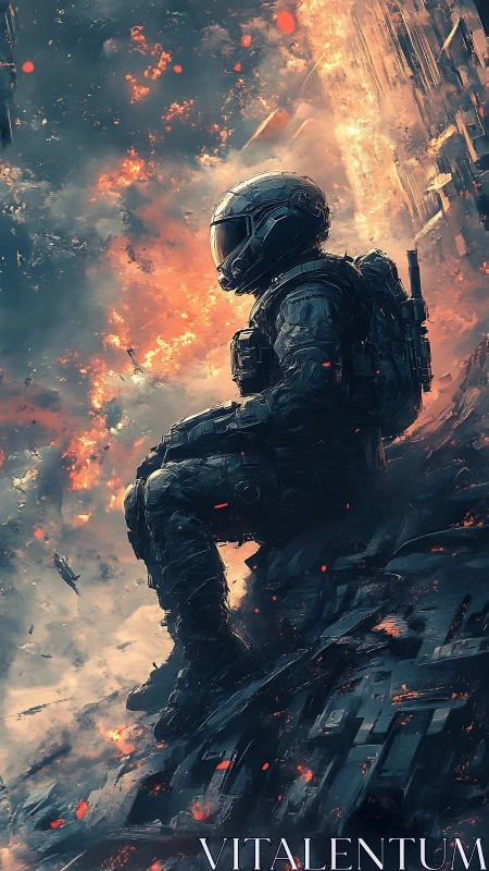 Solitary armored astronaut watches a burning sci fi horizon