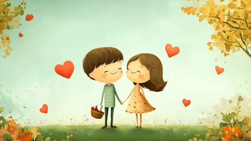 Digital Illustration: Young Couple in Autumn Garden with Floating Hearts.