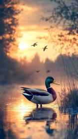 Golden sunrise welcomes a calm duck on a misty lake