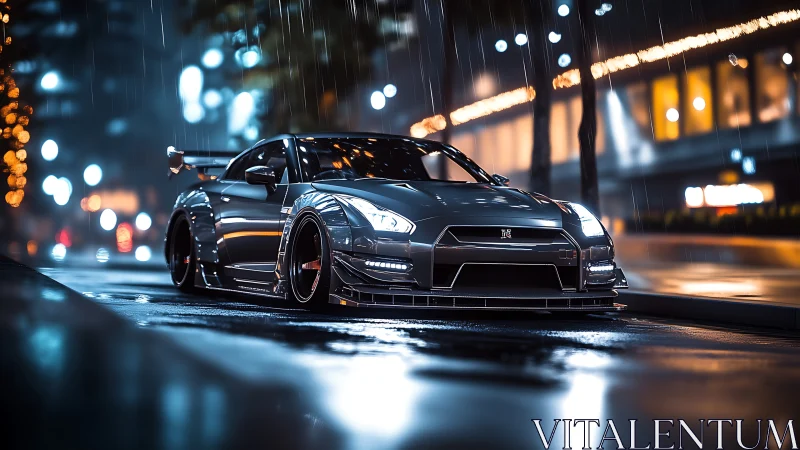 Midnight skyline street racer glowing in city rainstorm.