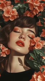 Chromatic portrait of serene female face embedded in azaleas.