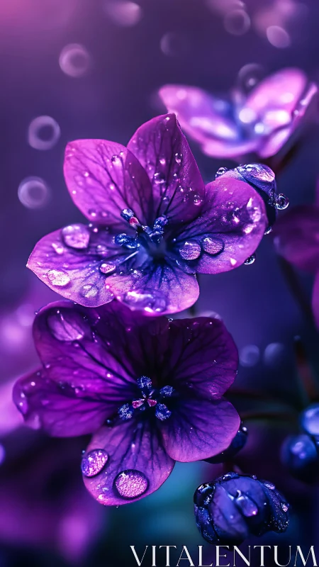 Purple Flowers with Dew Drops in Soft Focus.