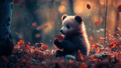 Backlit bear cub studies falling autumn leaves in shallow depth