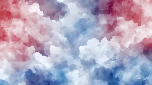 Cloud-like abstract forms blend red, white, and blue hues evenly