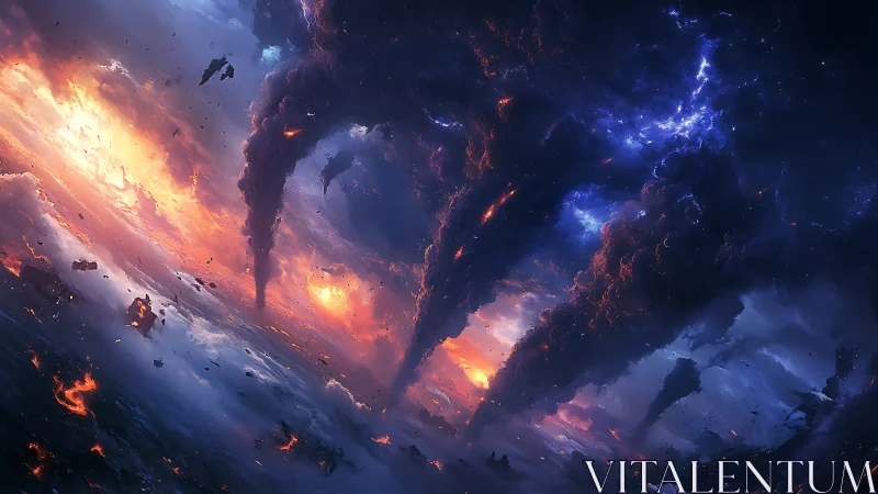 Cosmic storm vortexes tearing through burning sky.