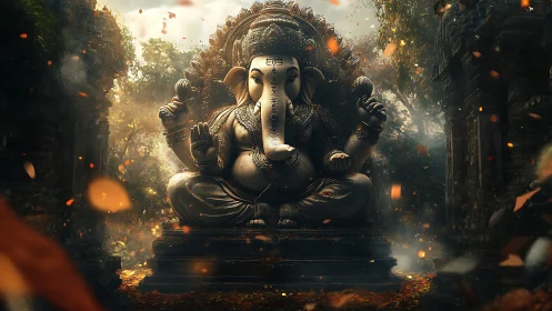Gentle Ganesha statue rests in glowing forest temple light