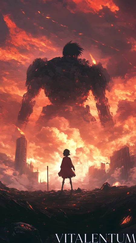 Silhouetted figure observes towering mech in burning skyline