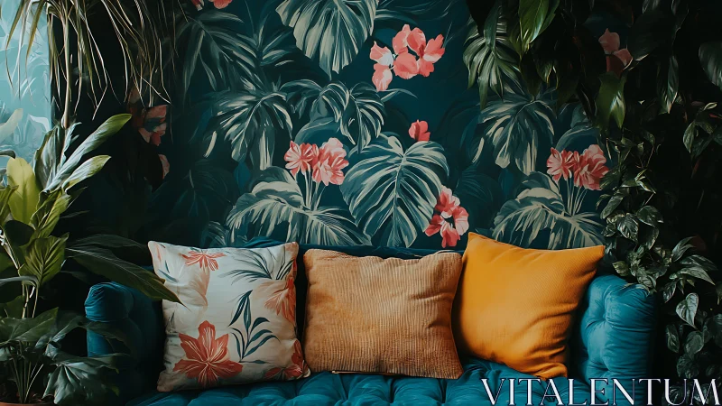 Teal sofa with mixed cushions before tropical leaf mural.
