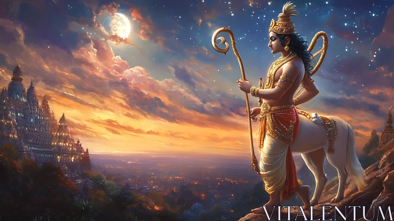 Centaur-like deity overlooking illuminated hillside temple.