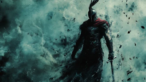 Lone armored warrior emerging from swirling battle mist.